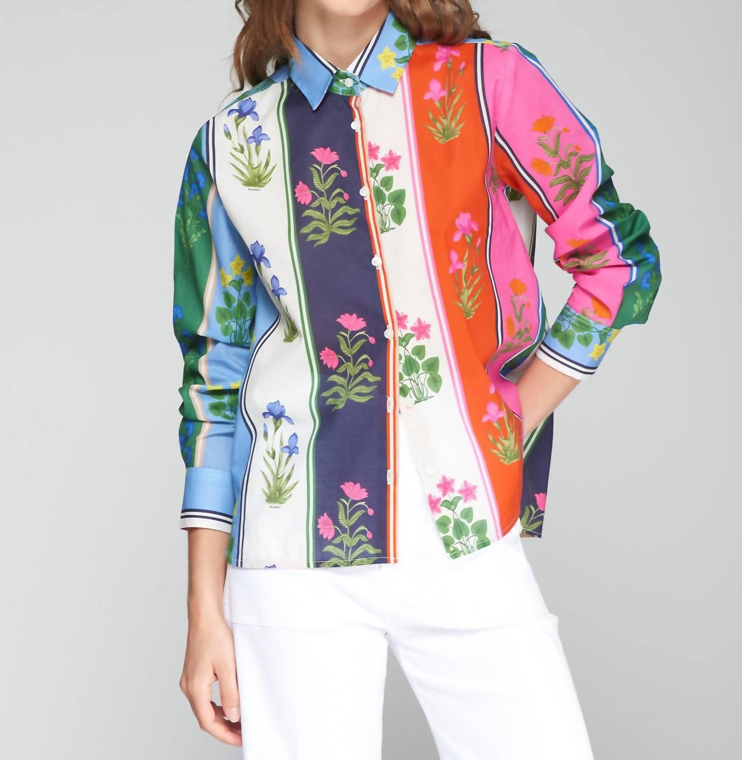 Vilagallo - Long Sleeve Floral Button Down Shirt - blue - button - down - shirts - clothing