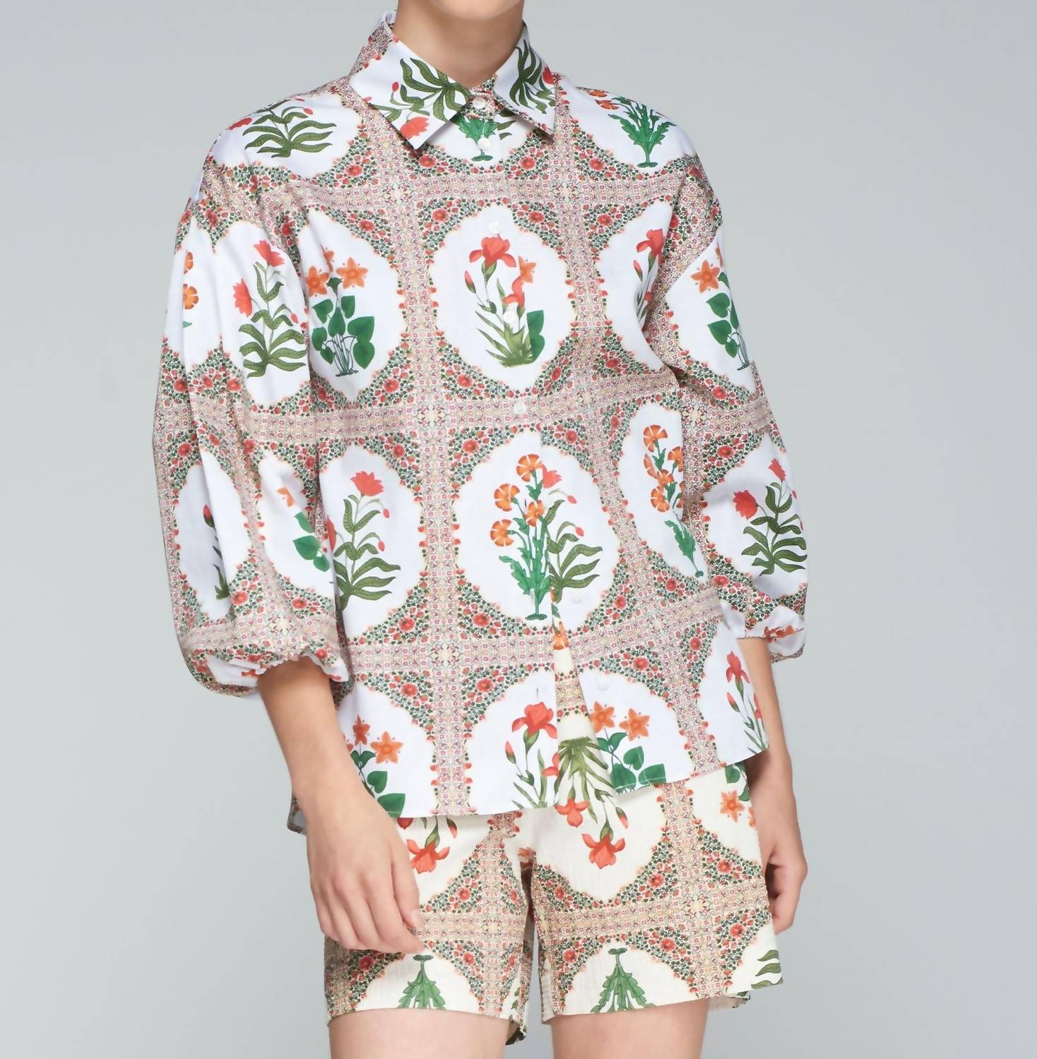 Vilagallo - Puff Sleeve Floral Printed Shirt - blouses - clothing - cotton