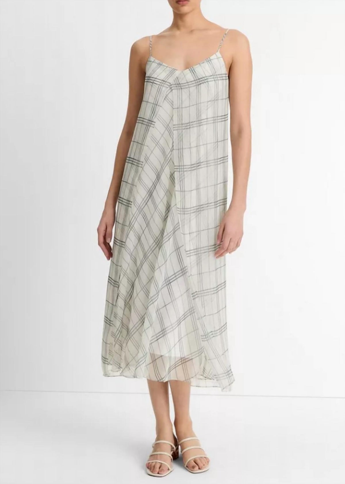 Vince - Fenced Plaid Sheer Panel Midi Dress