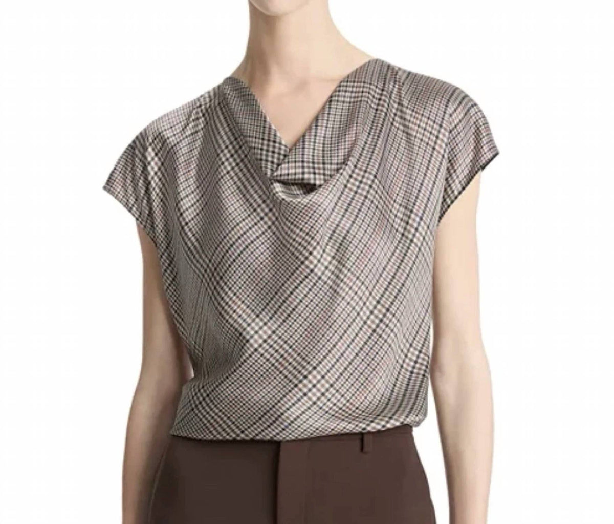Vince - PRESSED PLAID COWLNECK SILK TOP