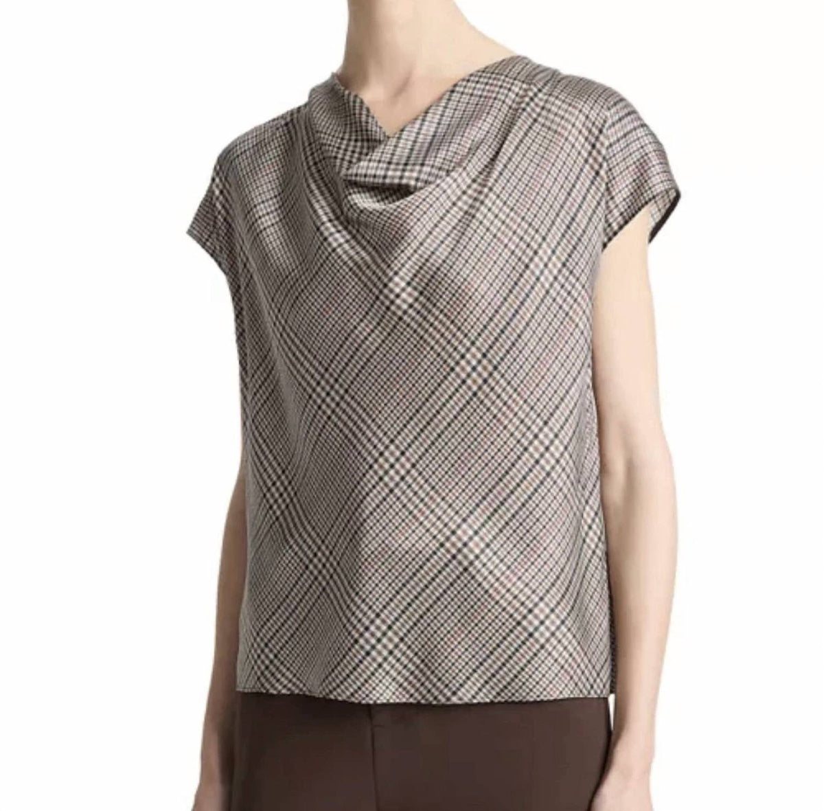 Vince - PRESSED PLAID COWLNECK SILK TOP