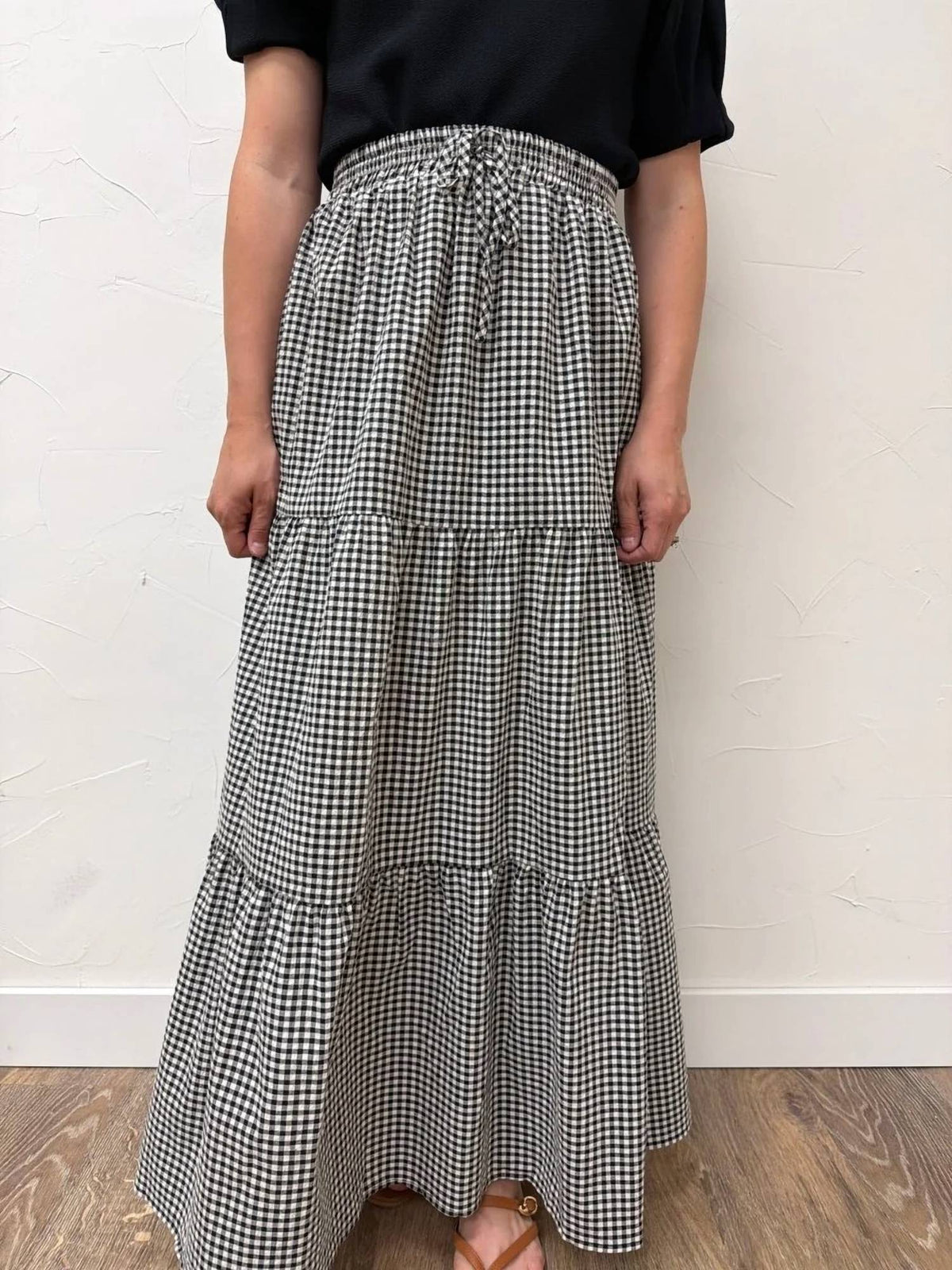 Vine & Love - Plaid Tiered Ruffled Drawstring Maxi Skirt