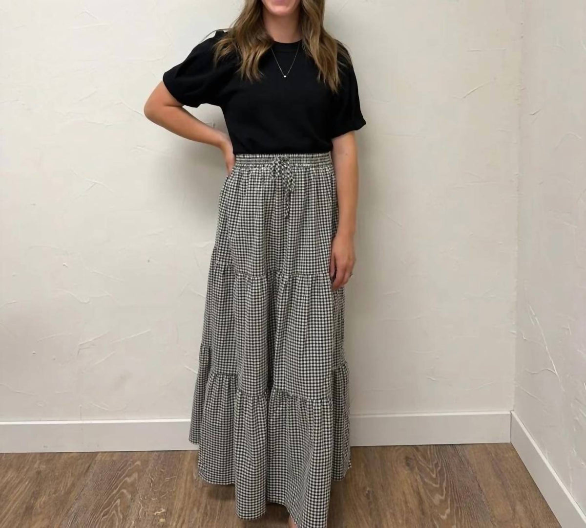Vine & Love - Plaid Tiered Ruffled Drawstring Maxi Skirt
