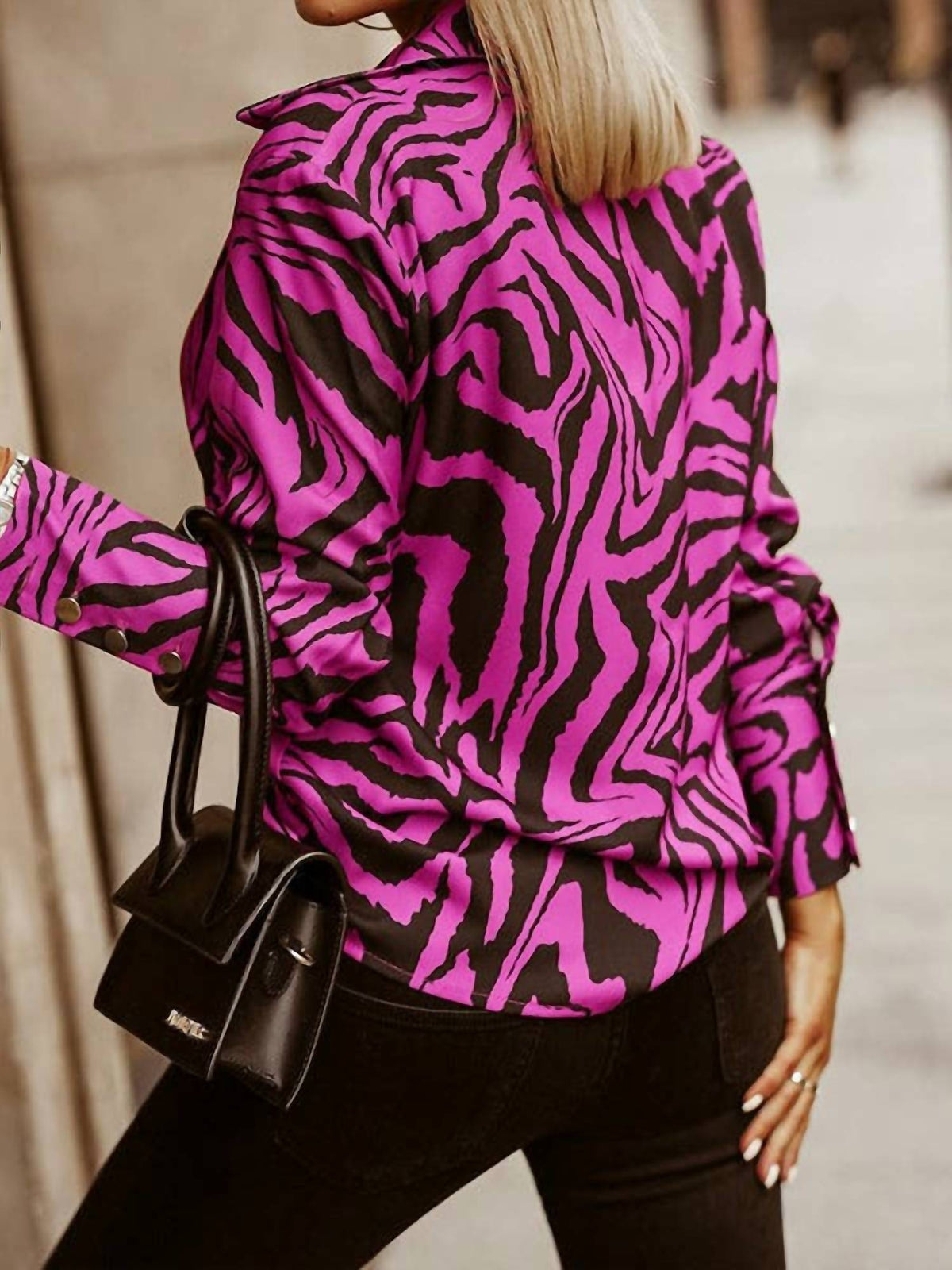 Vividlux - Printed Zebra-Stripe Lapel Blouse