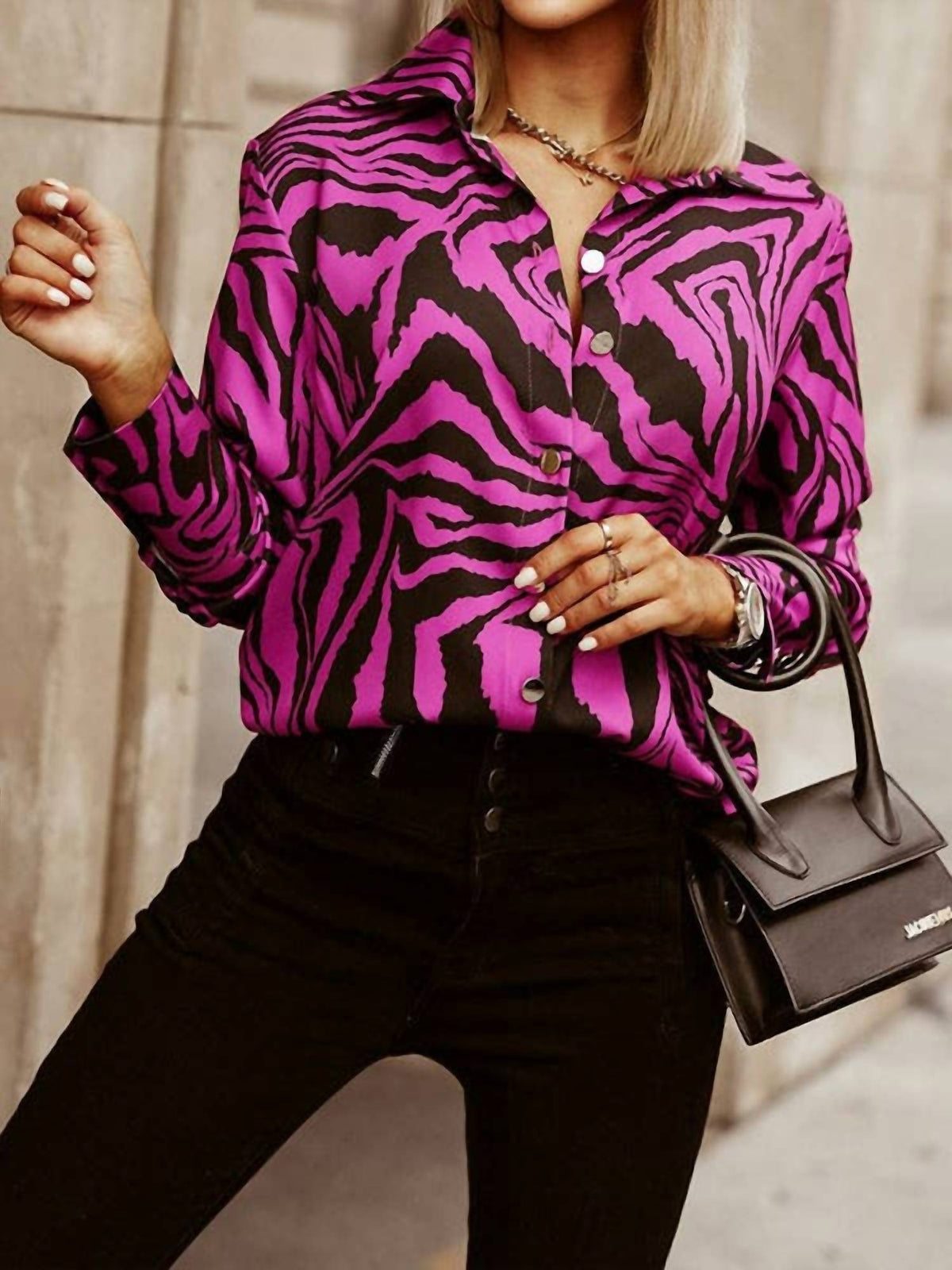 Vividlux - Printed Zebra-Stripe Lapel Blouse