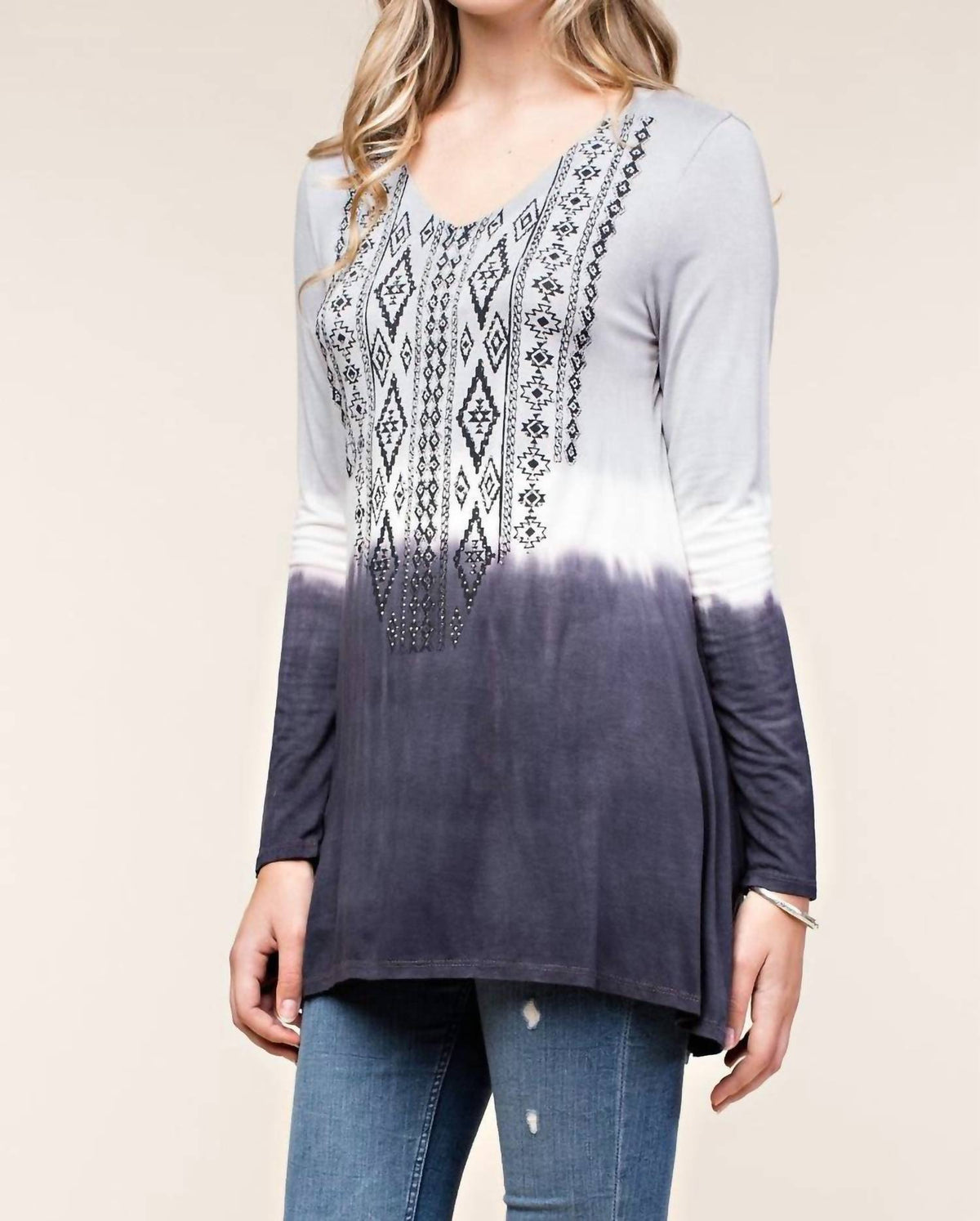 Vocal Apparel - Long Sleeve Top With Print & Stone Accent