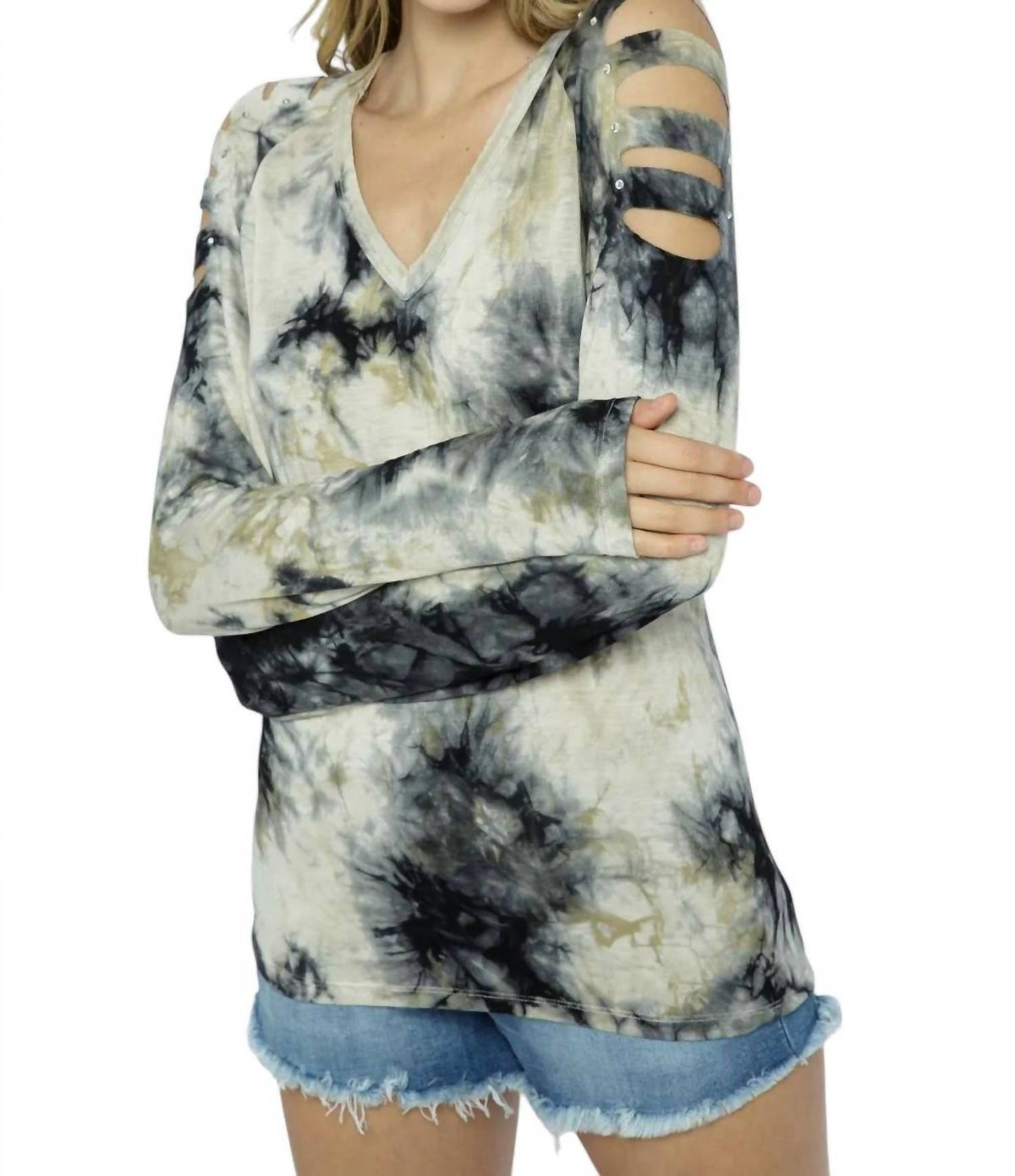 Vocal Apparel - Tie Dye Stud Sliced Long Sleeve Top