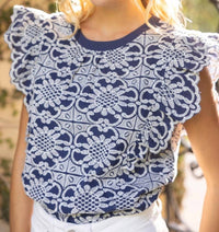 Voy - Embroidered Lace Flutter Sleeve Top