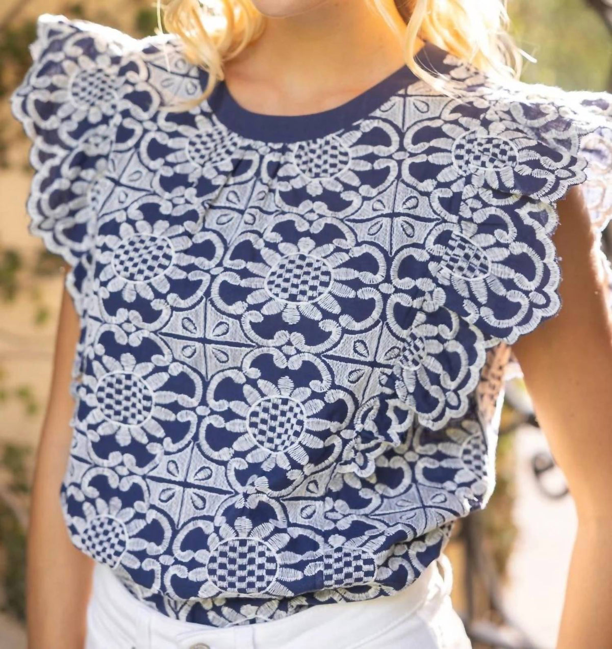 Voy - Embroidered Lace Flutter Sleeve Top
