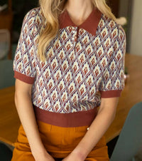 Voy - Quarter Button Collared Abstract Ribbed Knit Top
