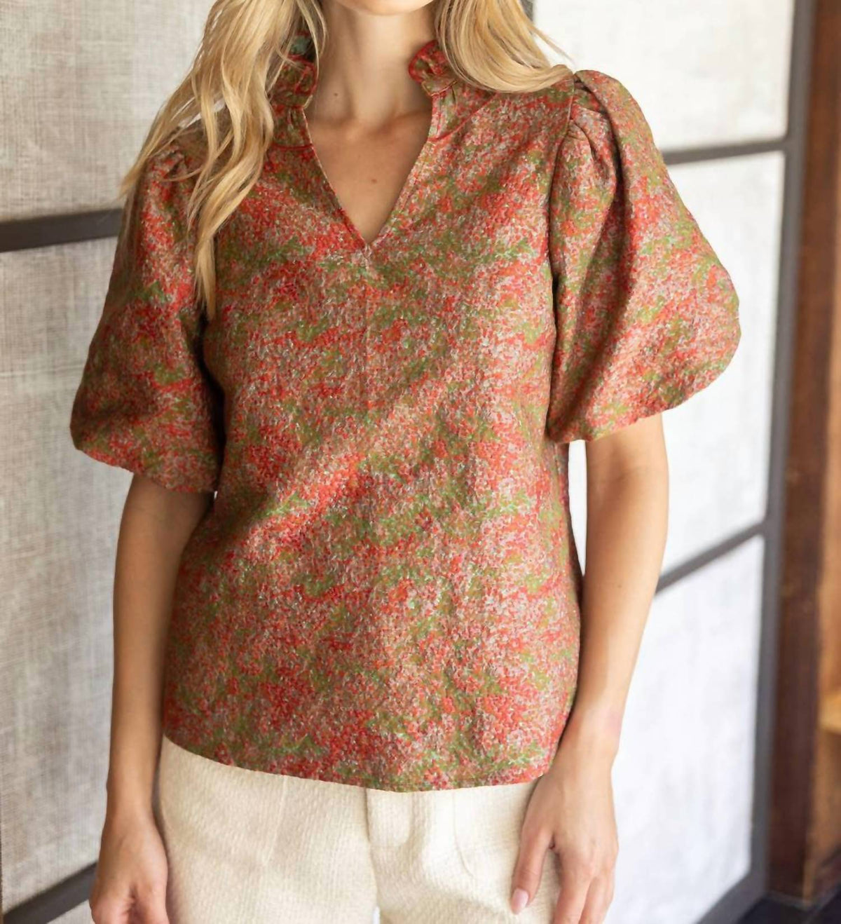 Voy - Ruffle Collared Jacquard Abstract Print Blouse