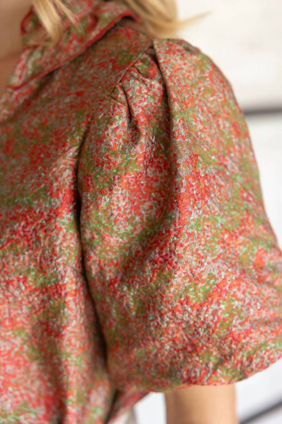 Voy - Ruffle Collared Jacquard Abstract Print Blouse