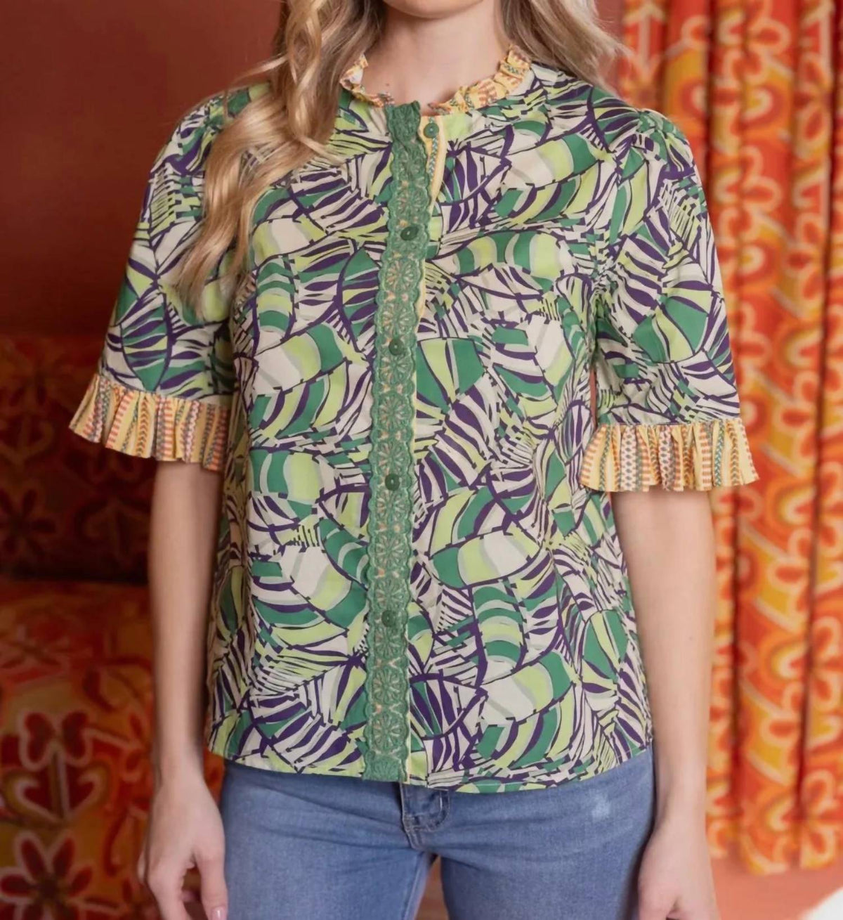 Voy - Ruffled Multi Print Button Down Top