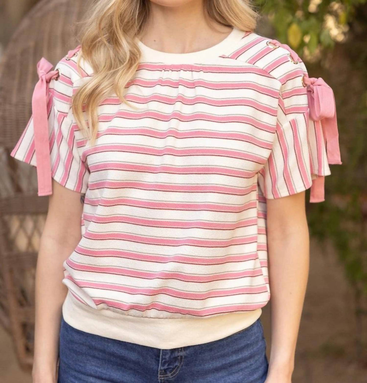 Voy - Stripe Tie Sleeve Summer Knit Top