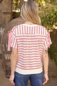Voy - Stripe Tie Sleeve Summer Knit Top