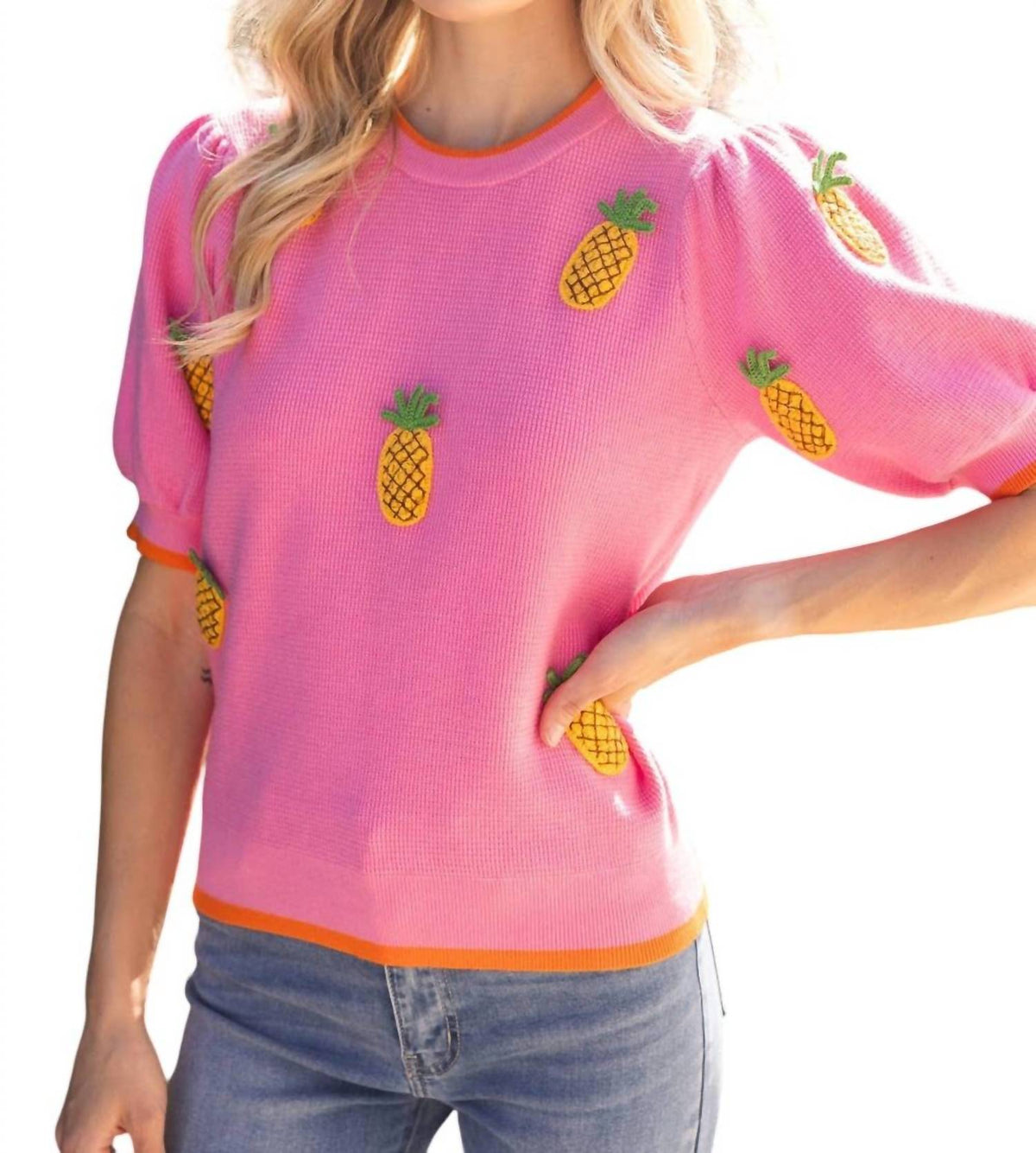 Voy - Sunny Pineapple Puff Sleeve Knit Top