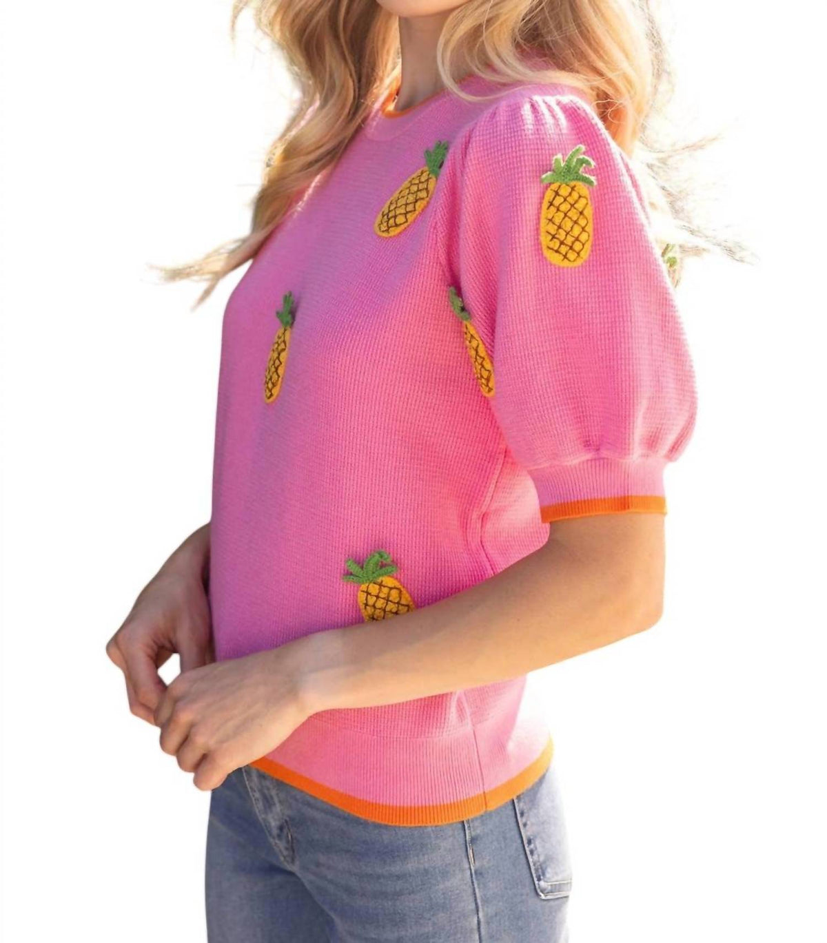 Voy - Sunny Pineapple Puff Sleeve Knit Top