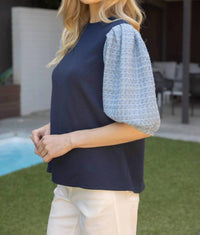 Voy - TWEED PUFF SLEEVE KNIT TOP - blouses - blue - clothing