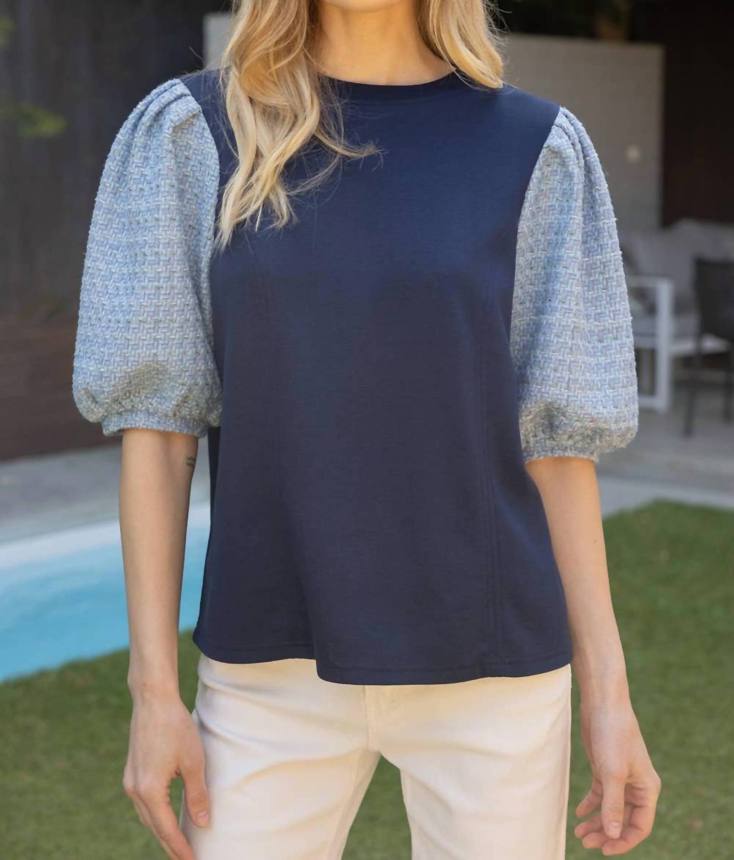 Voy - TWEED PUFF SLEEVE KNIT TOP - blouses - blue - clothing