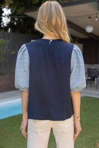 Voy - TWEED PUFF SLEEVE KNIT TOP - blouses - blue - clothing
