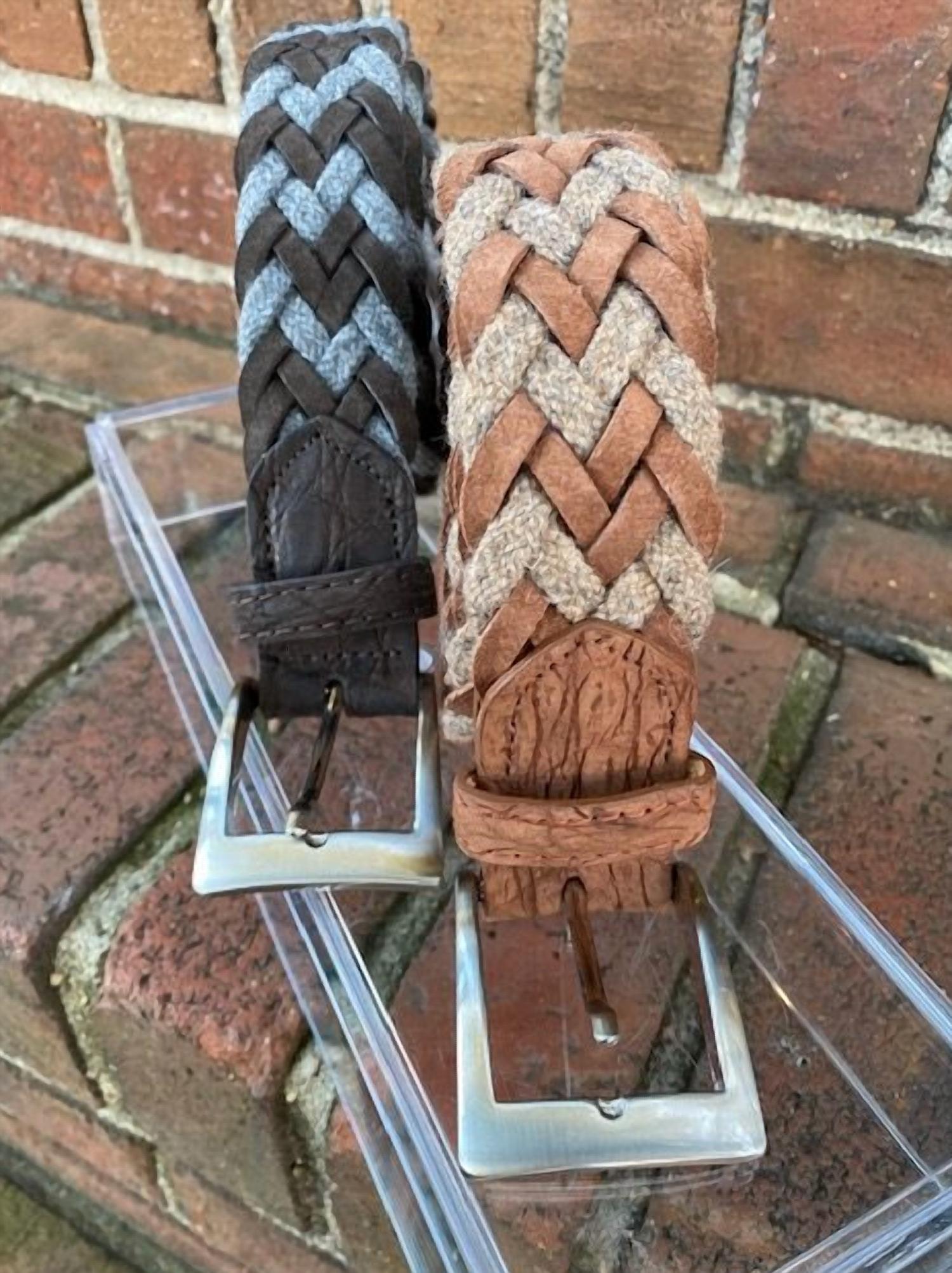 W. Kleinberg - Cloth Woven Belt with Sueded Caiman Croc Tabs – Rust - accessories - belts - brown