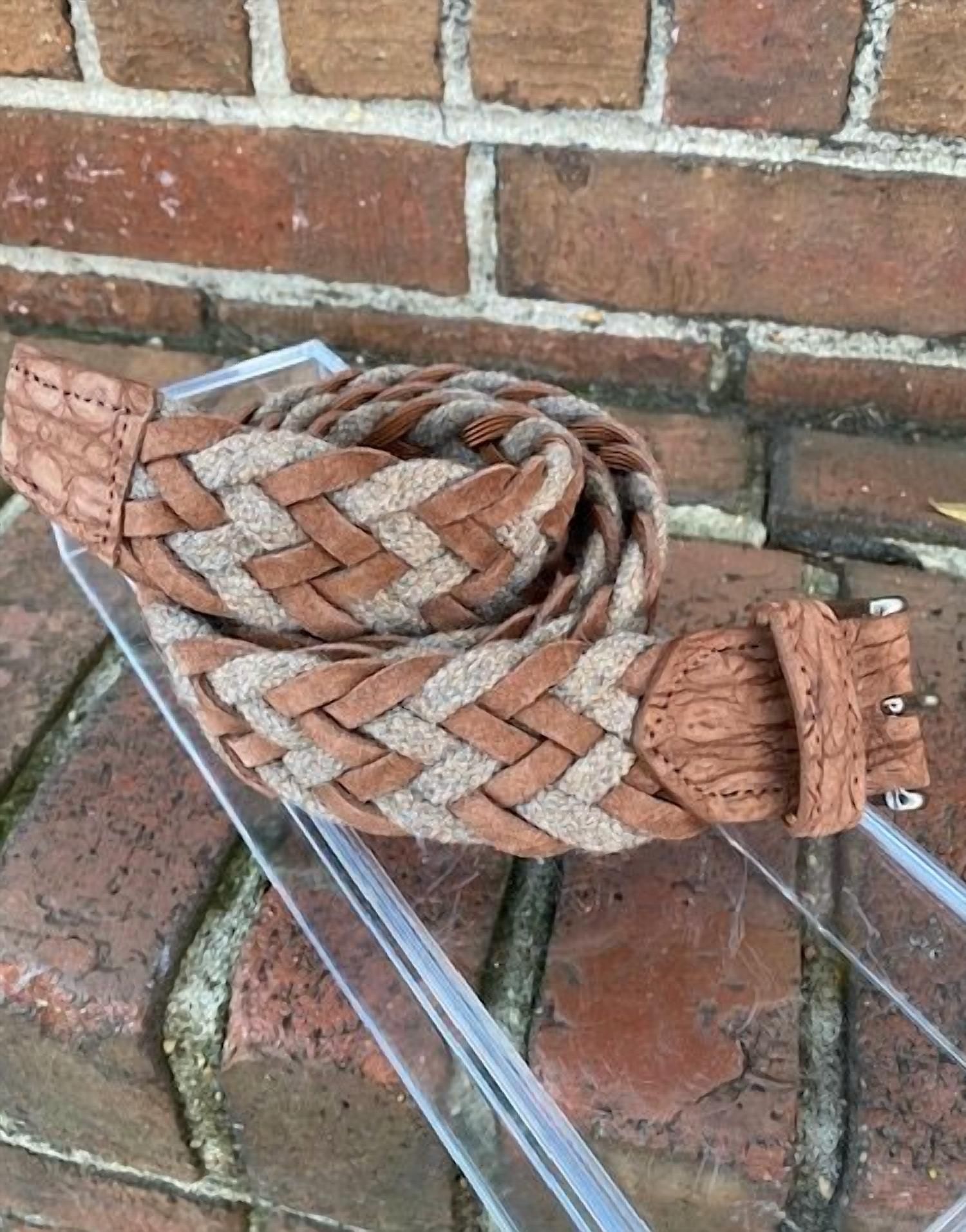 W. Kleinberg - Cloth Woven Belt with Sueded Caiman Croc Tabs – Rust - accessories - belts - brown
