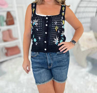 White Birch - Floral Knit Pearl Button Tank