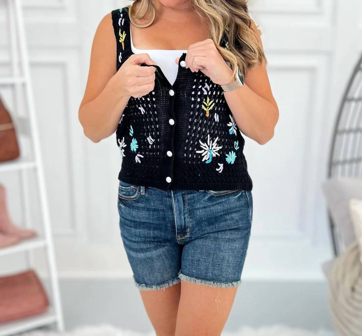 White Birch - Floral Knit Pearl Button Tank