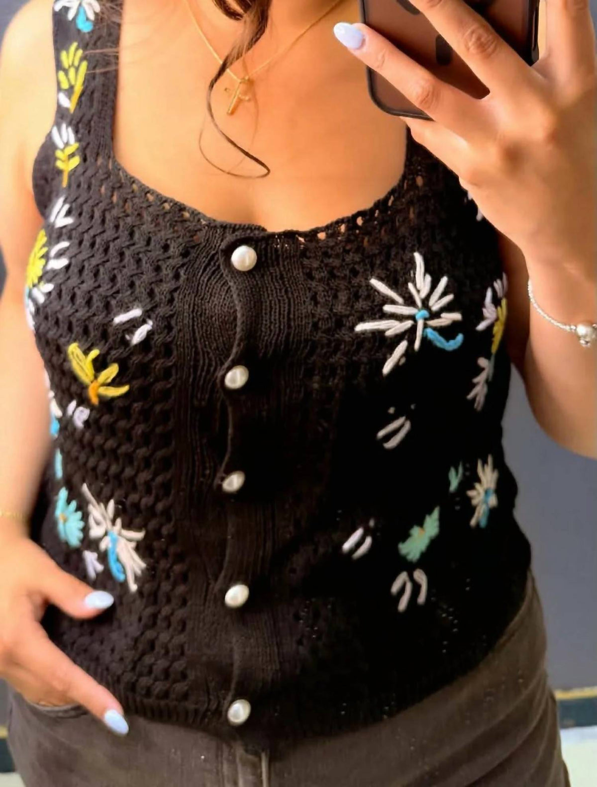 White Birch - Floral Knit Pearl Button Tank