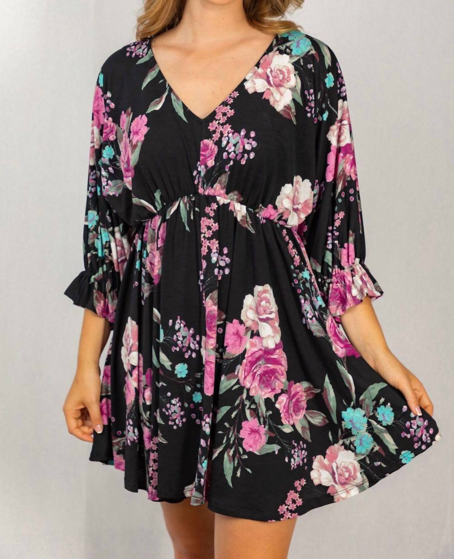 White Birch - Floral Poet Sleeve Dress - black - clothing - collection:vacationdresses(Auto)