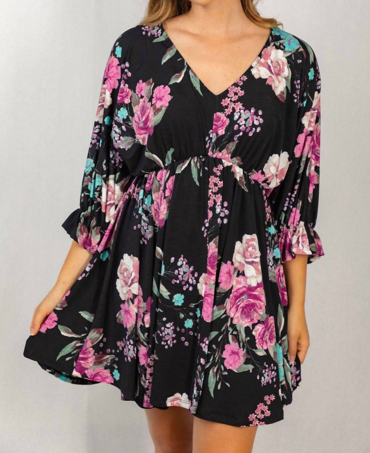 White Birch - Floral Poet Sleeve Dress - black - clothing - collection:vacationdresses(Auto)