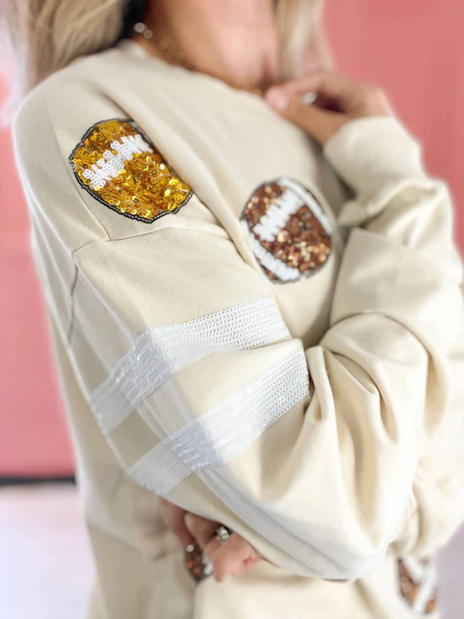 White Birch - Football Sequin Sweatshirt - beige - clothing - graphic