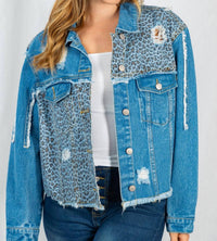 White Birch - Leopard Frayed Denim Jacket - animal - blue - clothing