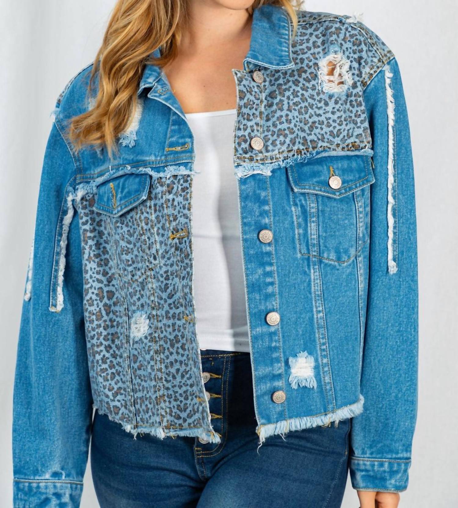 White Birch - Leopard Frayed Denim Jacket - animal - blue - clothing