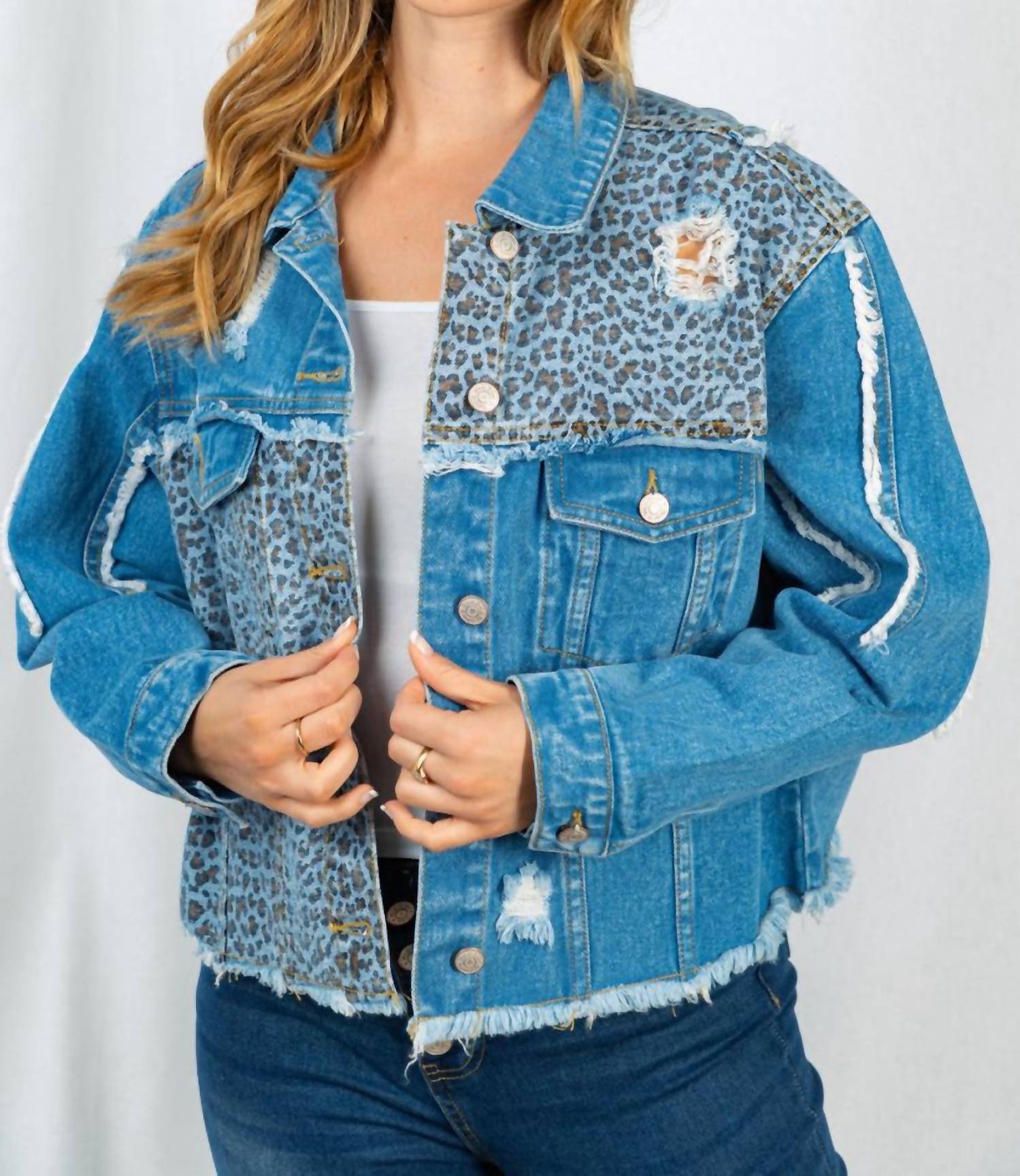 White Birch - Leopard Frayed Denim Jacket - animal - blue - clothing