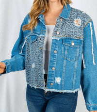 White Birch - Leopard Frayed Denim Jacket - animal - blue - clothing