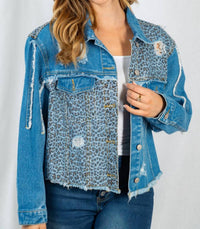 White Birch - Leopard Frayed Denim Jacket - animal - blue - clothing
