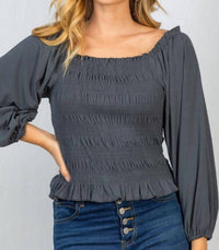 White Birch - Smocked & Ribbed Top - blouses - clothing - grey