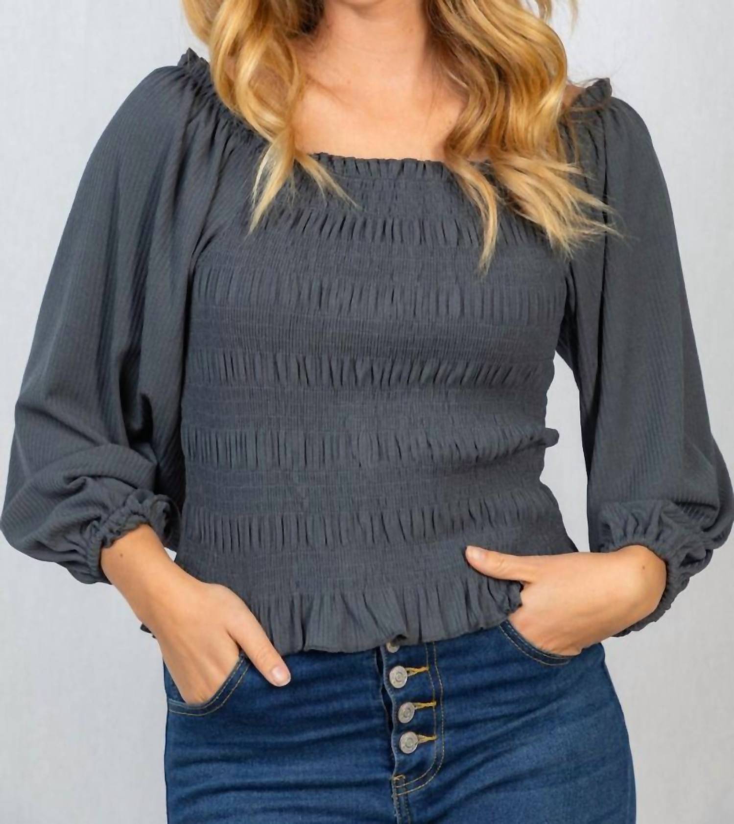 White Birch - Smocked & Ribbed Top - blouses - clothing - grey