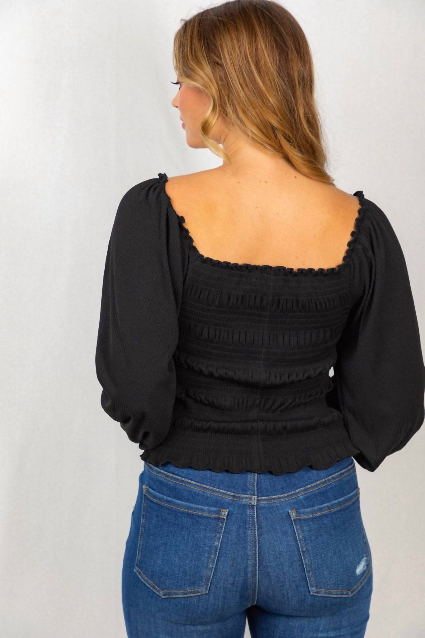 White Birch - Smocked & Ribbed Top - black - blouses - clothing