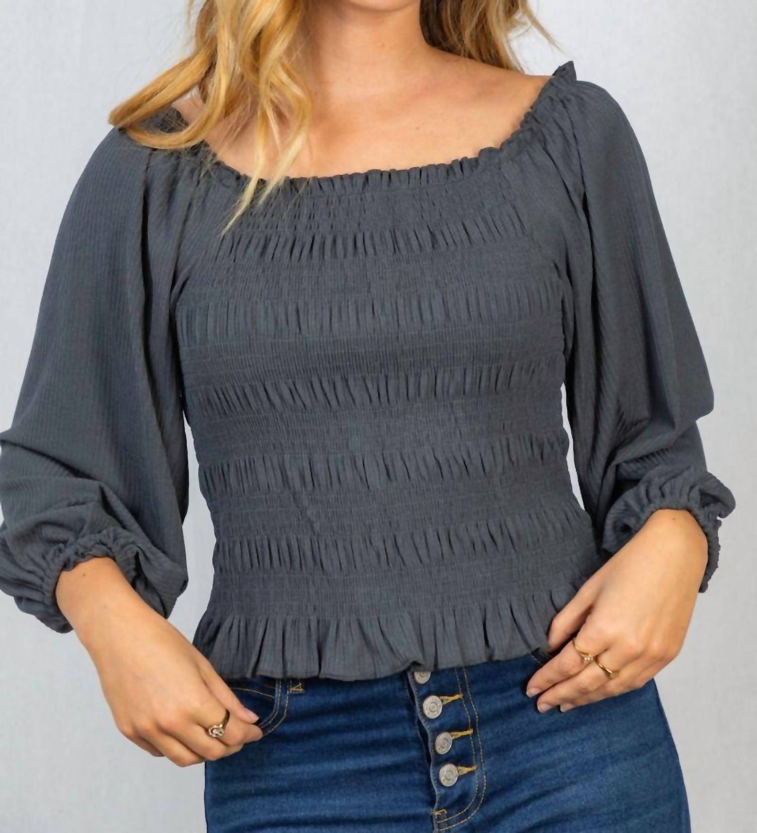 White Birch - Smocked & Ribbed Top - blouses - clothing - grey
