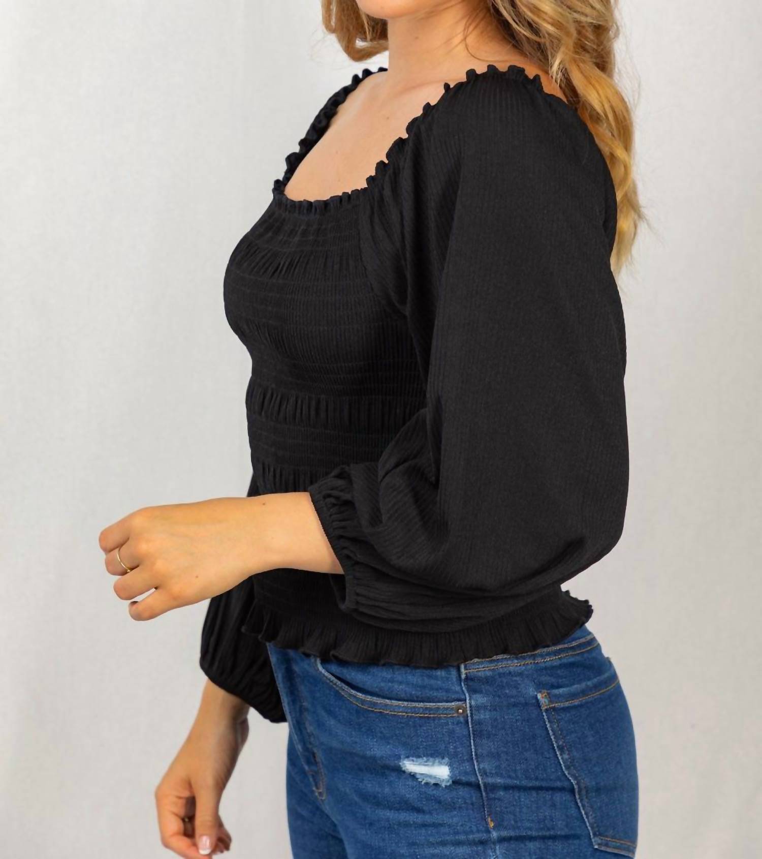 White Birch - Smocked & Ribbed Top - black - blouses - clothing