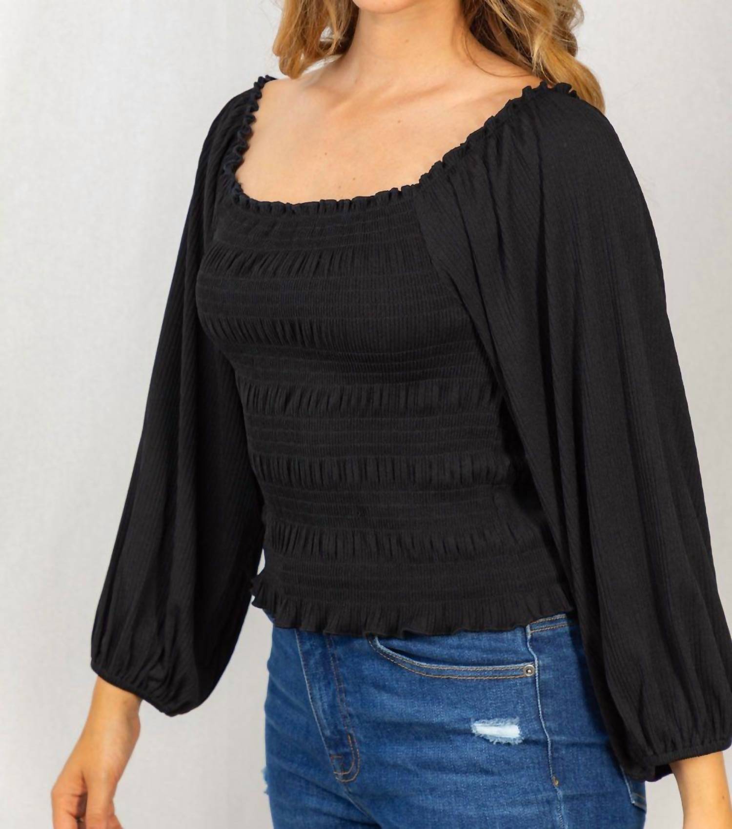 White Birch - Smocked & Ribbed Top - black - blouses - clothing