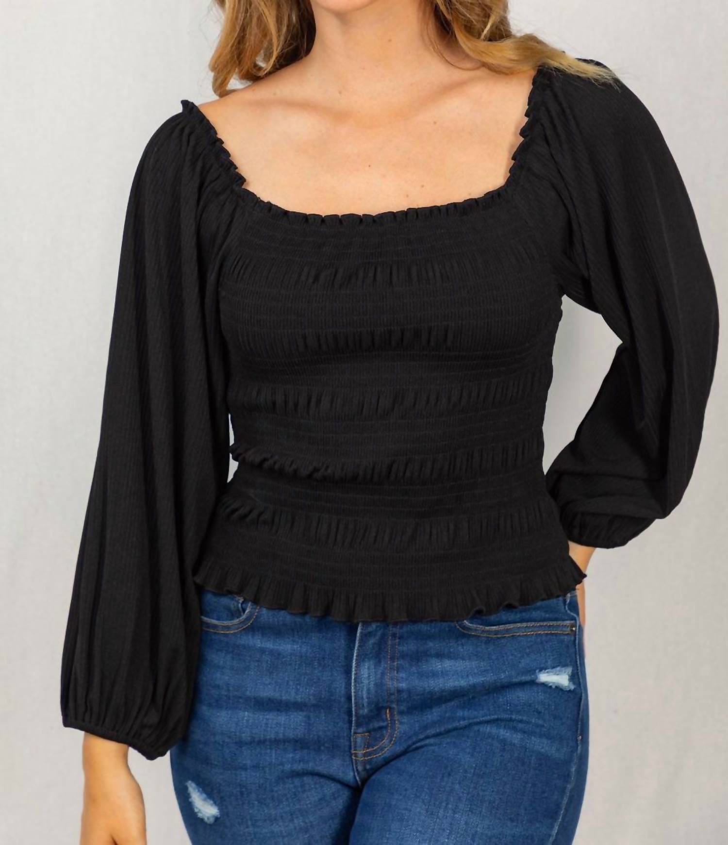 White Birch - Smocked & Ribbed Top - black - blouses - clothing