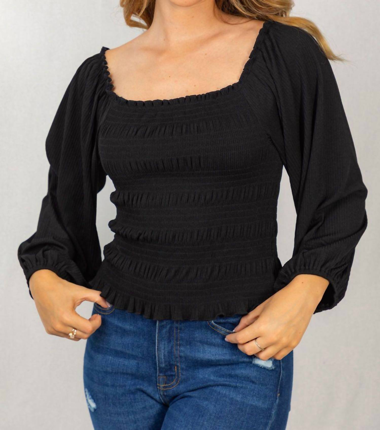 White Birch - Smocked & Ribbed Top - black - blouses - clothing