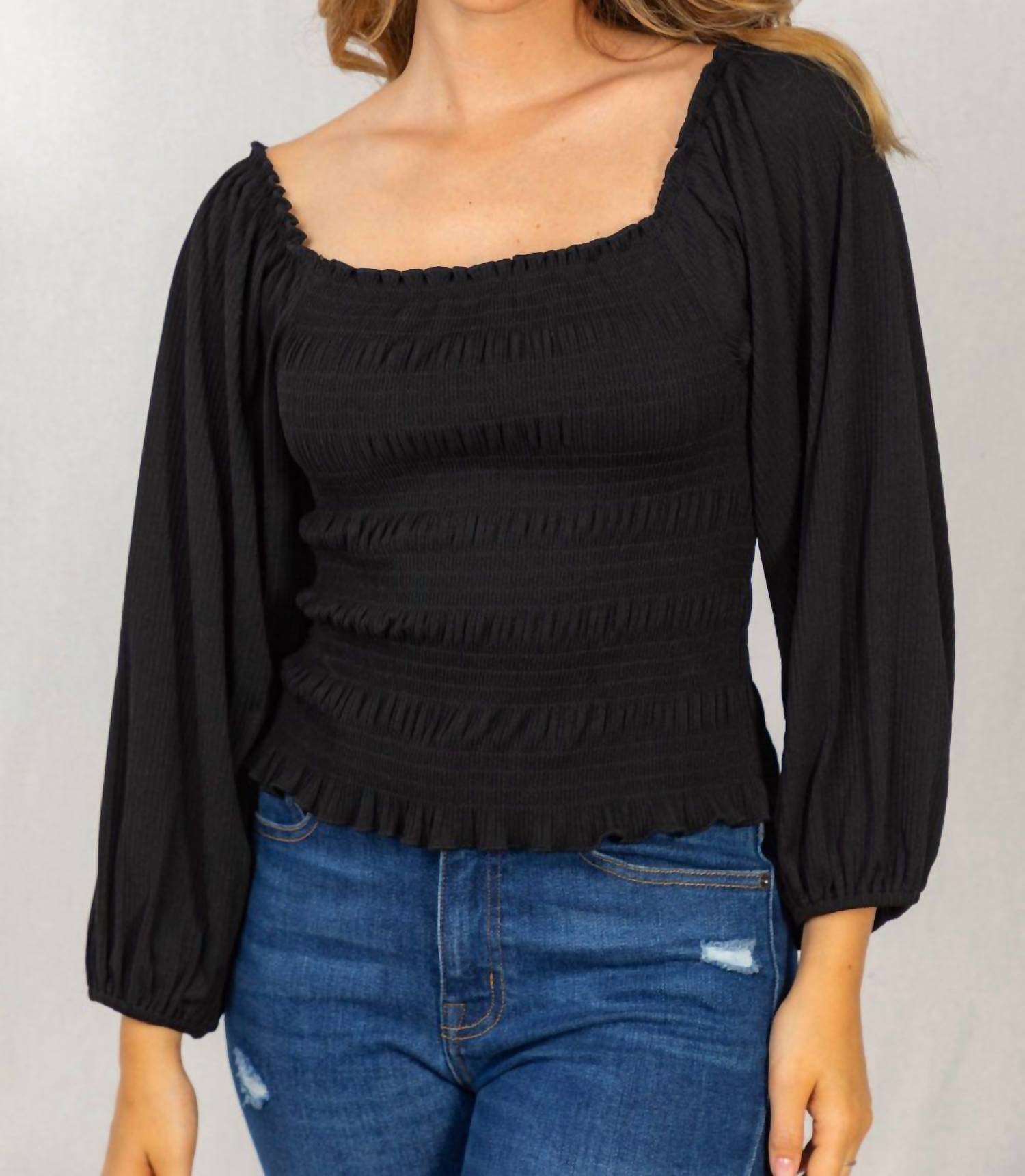 White Birch - Smocked & Ribbed Top - black - blouses - clothing