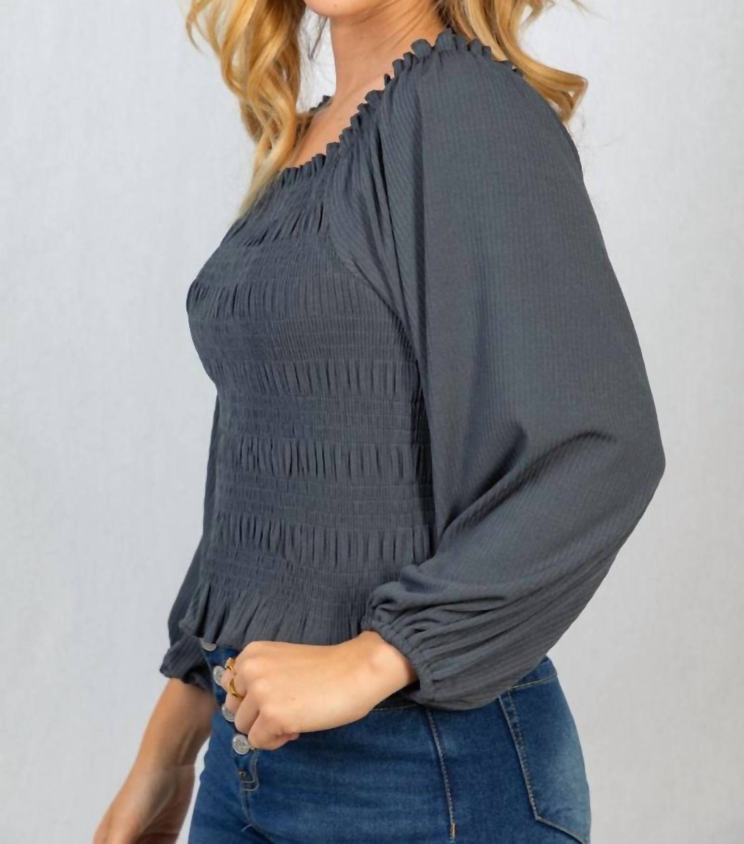 White Birch - Smocked & Ribbed Top - blouses - clothing - grey