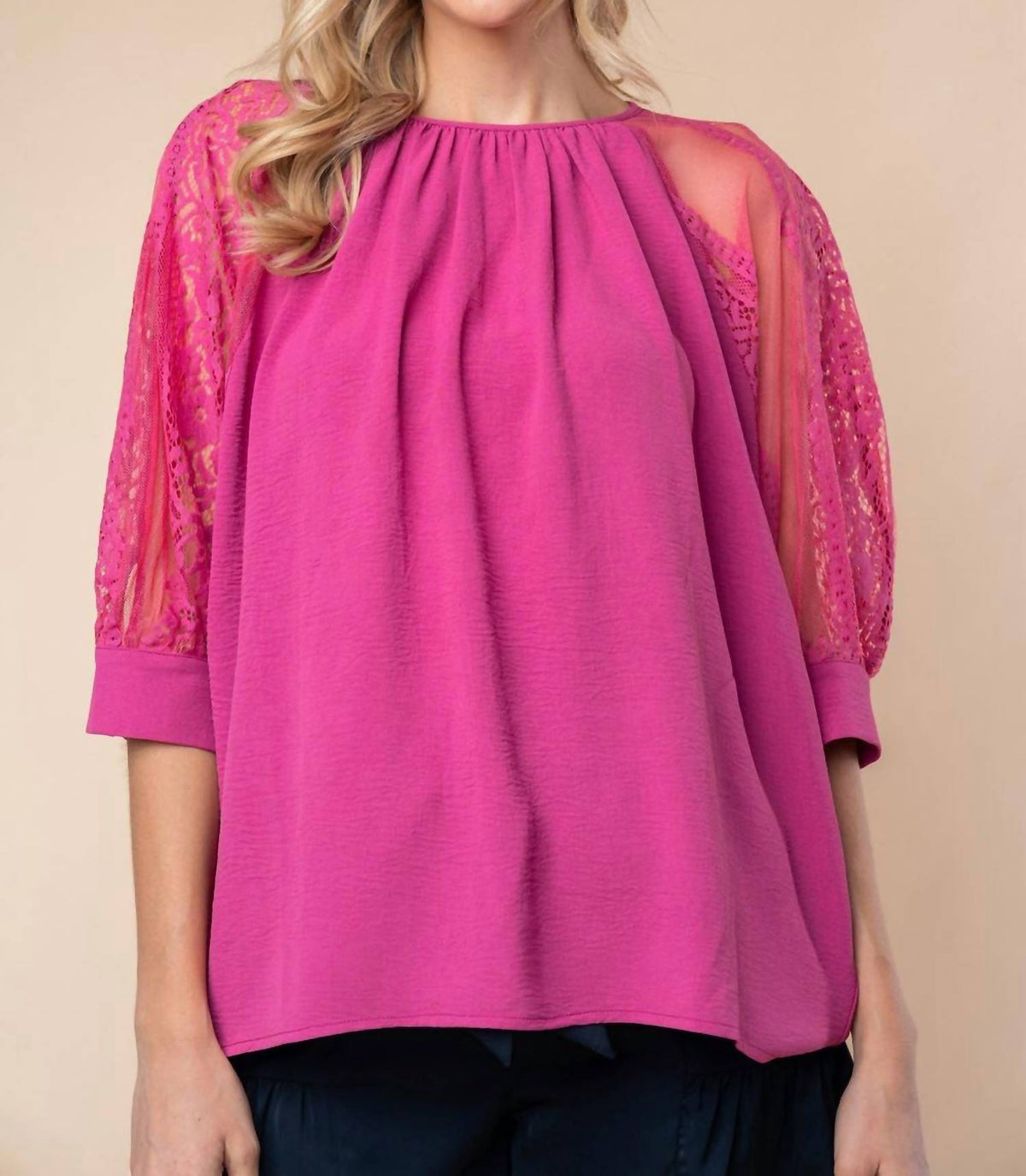 White Birch - Three-quarter Lace Sleeve Top