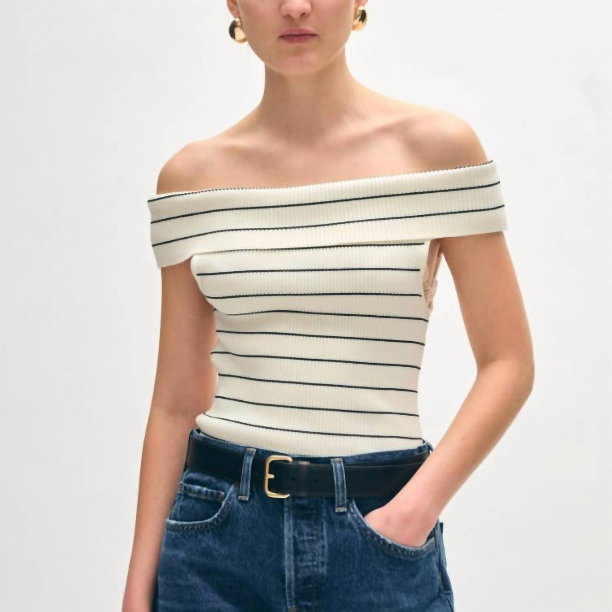 White + Warren - Off The Shoulder Stripe Knit Top