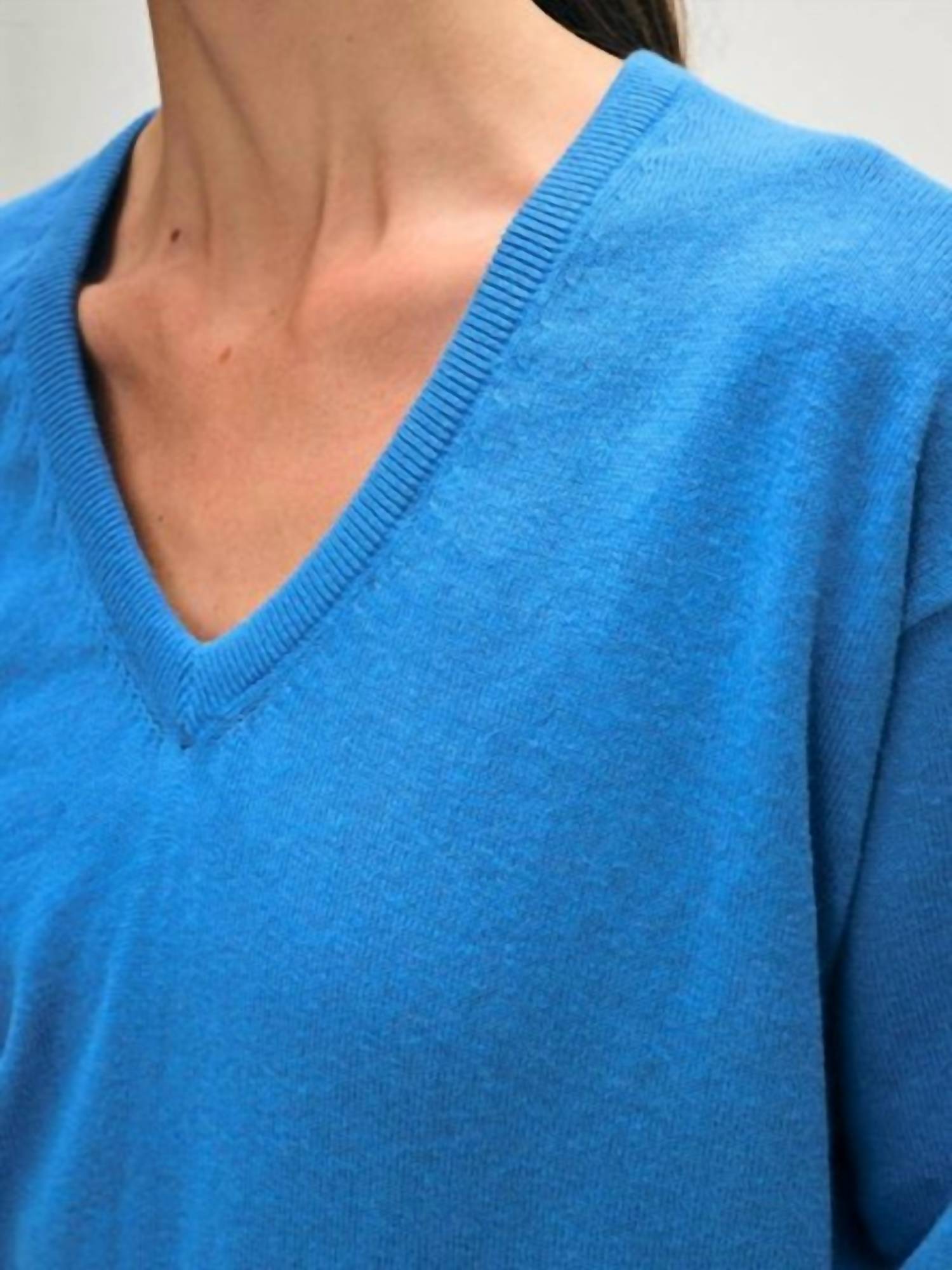 White + Warren - Organic Cotton Blend Rib Trim V - neck - blue - clothing - cotton - blend